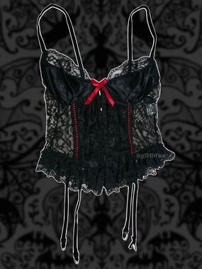VTG Nan Flower Floral Lace Corset  Chemise Top, Bow, Garter Straps - Black & Red